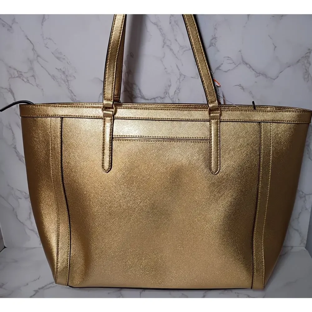 Lauren Ralph Lauren Metallic Gold Crosshatch Leather Medium Clare Tote - NEW - Picture 2 of 7